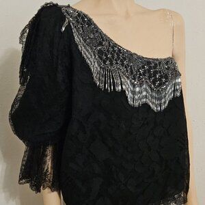 Antique black lace & beaded one shoulder dressy blouse top Women's M 6/8 holiday